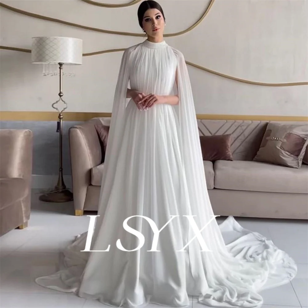 

LSYX High-Neck Long Flare Sleeves Chiffon A-Line Wedding Dress Illusion Button Back Court Train Bridal Gown Custom Made