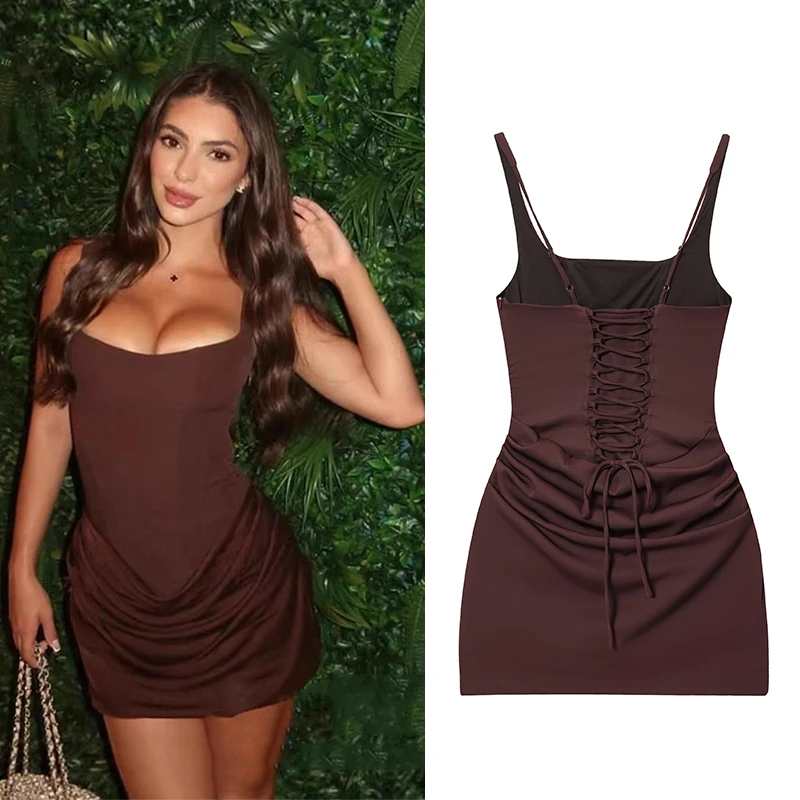Damenkleid 2025, Neuheiten, schwarzes Spaghettiträger, sexy, figurbetontes Minikleid mit Bindedetails, stilvolles und einzigartiges Damenkleid