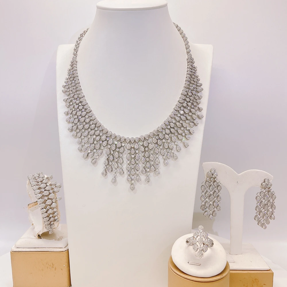 

Bridal Wedding White Zircon Jewelry Set Shiny Pendant Necklace Earrings Ring, Bracelet Exquisite High-End Jewelry Set