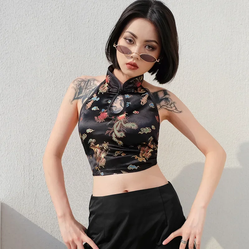 Women Vintage Sexy Halter Neck Crop Top Chinese Style Dragon Embroidery Hollow Out Tank Top Sleeveless Backless Lace-up Vest