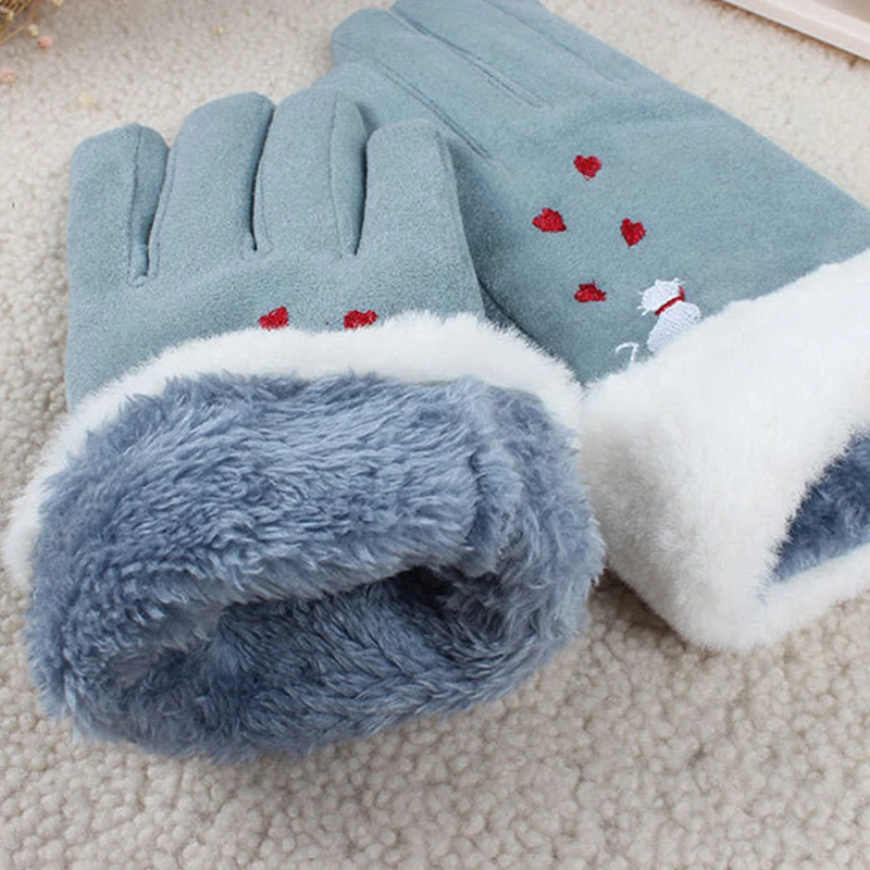 Fashion Winter Women Gloves Cute Embroidery Cat Furry Warm Cartoon Full Finger Mittens Lady Outdoor Sport Female Gloves T161