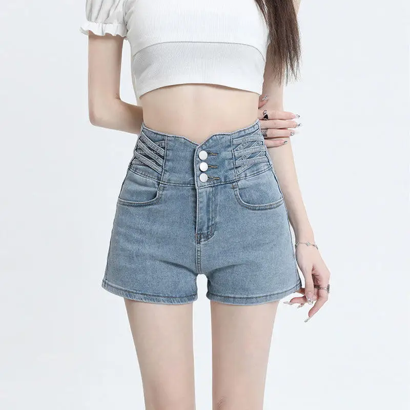 

Faionable High-Waist Denim orts Women's Cross Buttoned Abdomen-Increasing Straight Leg Trendy Hot Pants Spring 2024