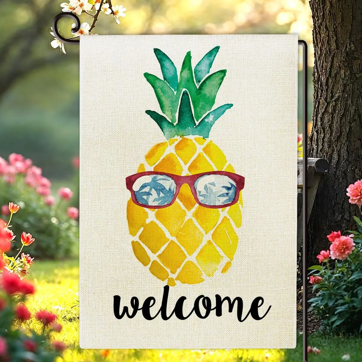 Welcome Garden Flag Double Sided Pineapple Sunglasses Summer Burlap House Flag Seasonal Farmhouse Outdoor Decorations for Ya yyi
