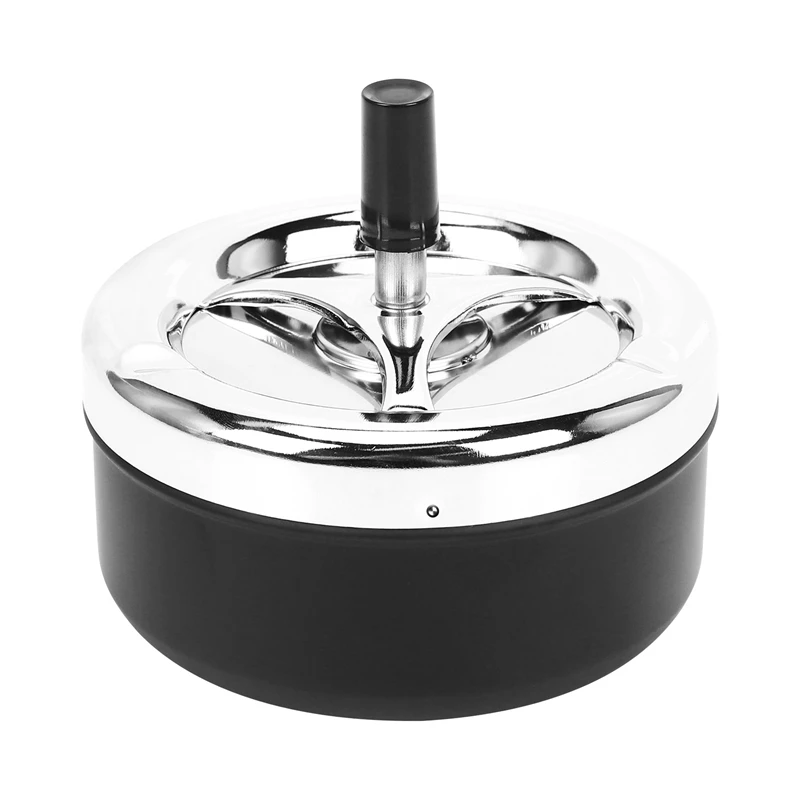 Round Push Down Cigarette Ashtray With Spinning Tray, Black