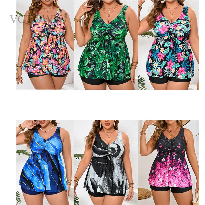 2026 New Plus Size Womens Printed Strappy Padded Tankini Sets Cami Tops+Hot Shorts Summer Beach Holiday Swimming Swimsuits