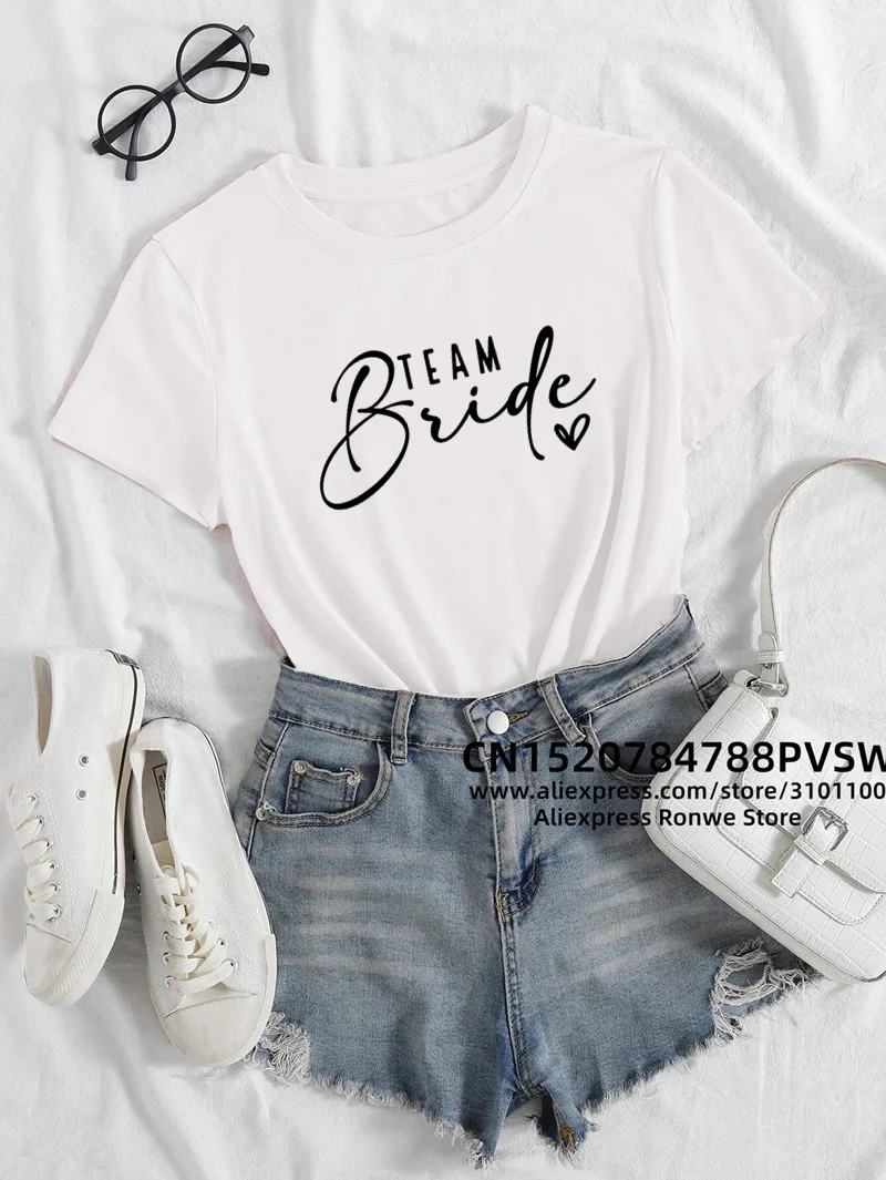 Team Bride Heart Evjf Hen Party Women Gropu T-shirt Girl Wedding Female Tops Tee Camisetas Mujer Female Black Pink White Clothes