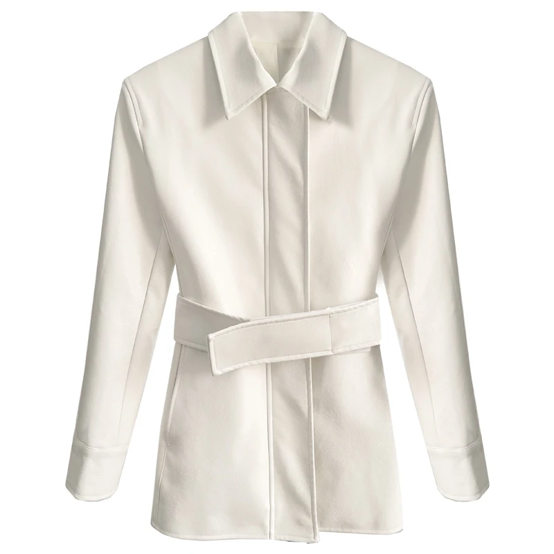 CIZZLEMORE Mid-Length Leather Jaet White Belt Simple Sli Long Sve  Collar Outerwear for Young Women Commute Sle