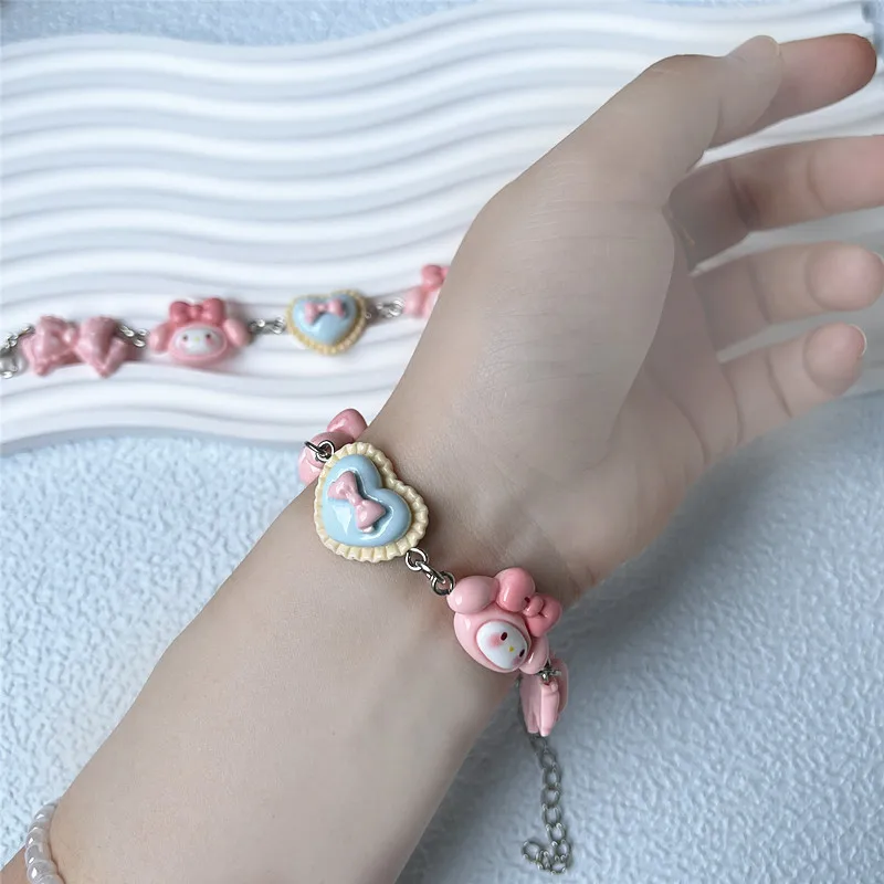 Sanrio สร้อยข้อมือลายเมโลดี้ดีไซน์เฉพาะกลุ่มตัวการ์ตูนน่ารักสายรัดข้อมือปรับได้สร้อยข้อมือแฟนสาวที่น่ารักของขวัญเครื่องประดับที่ละเอียดอ่อน