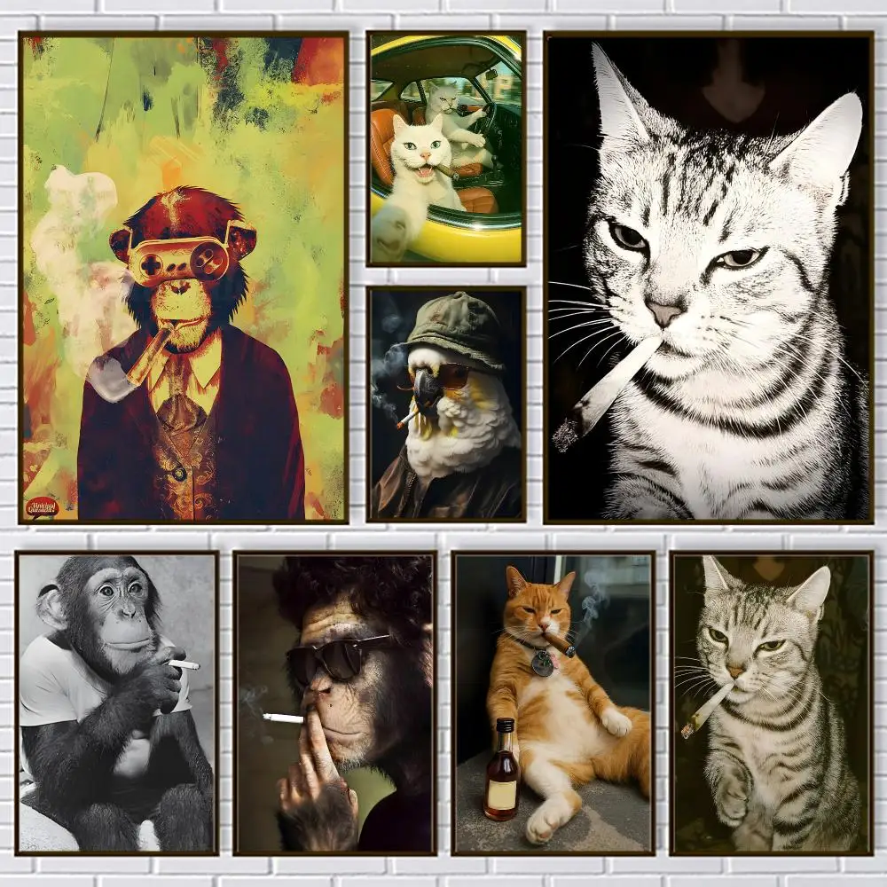 Funny Art Smoking Animals Poster PP Paper Wall Art for Living Rooms Bars Cafes Stylish Home Decor Gift