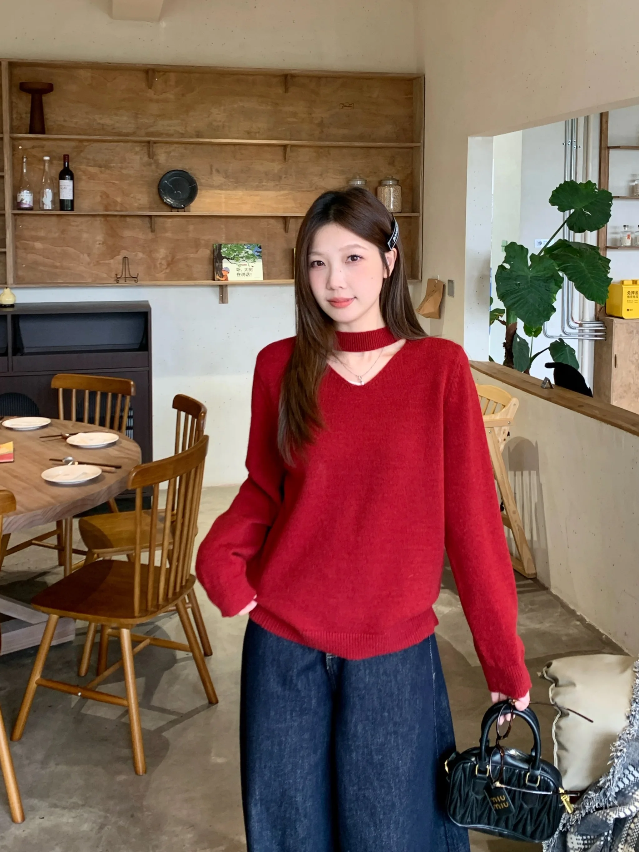 

Trendy plus Size Women's Knitted Sweater V-Neck Hanging Neck Design Loose Long Sleeve Christmas New Year Slimming Top