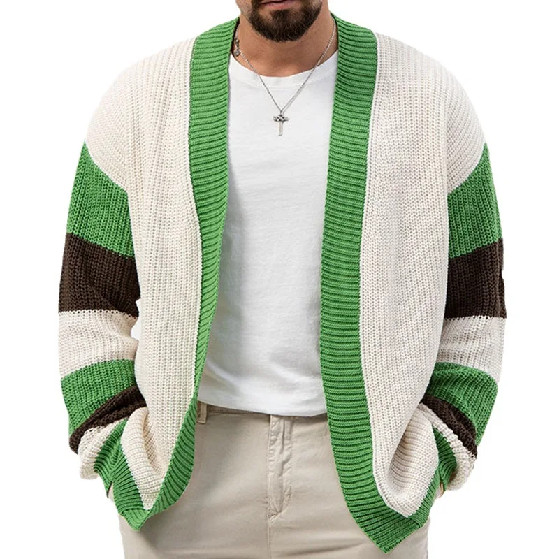 

Men's Sweater Cardigan Autumn Winter 2023 Fashion Green Loose Contrast Color Knit Cardigan Sweater Office Long Sleeve Male Coat