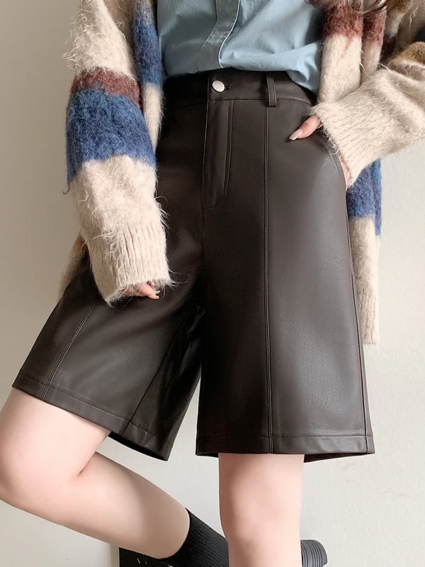 2026 Autumn Winter Women's High Waist Wide Leg Straight Cut Boot Pants College Style PU Leather Trousers Casual Fashion