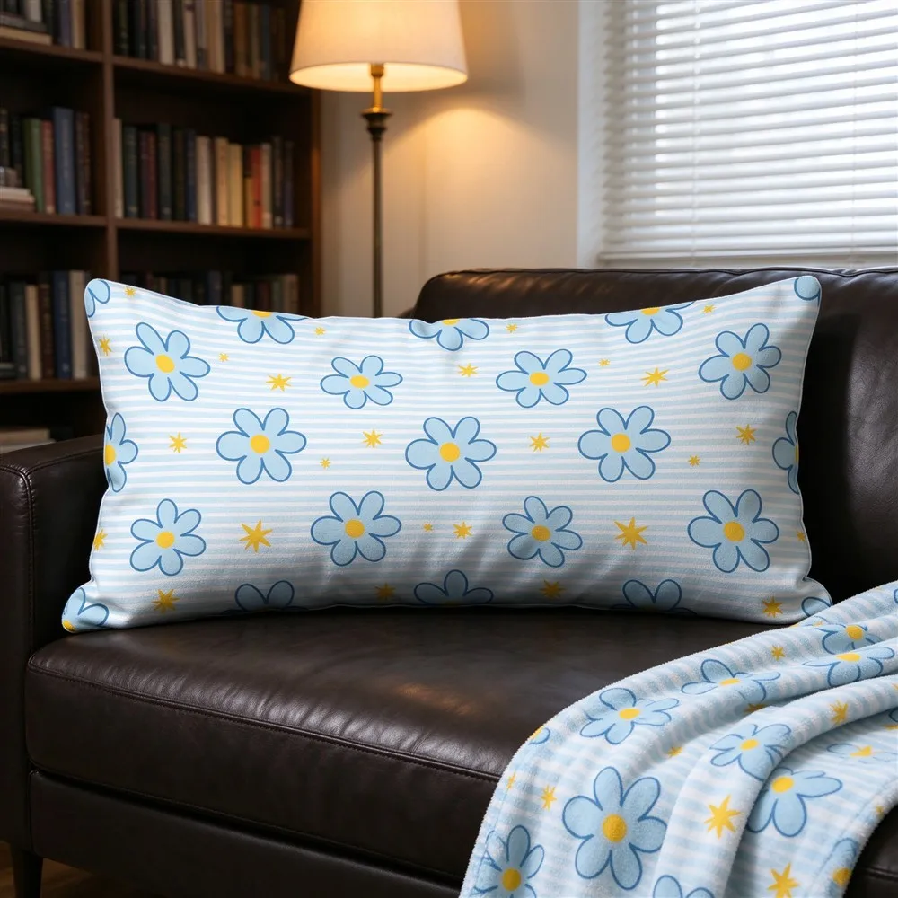 Blue Yellow Sunny Bloom Print Long Pillow Cover, Bright Style, Den Decorative, Polyester, Decorative Pillow, Soft Touch