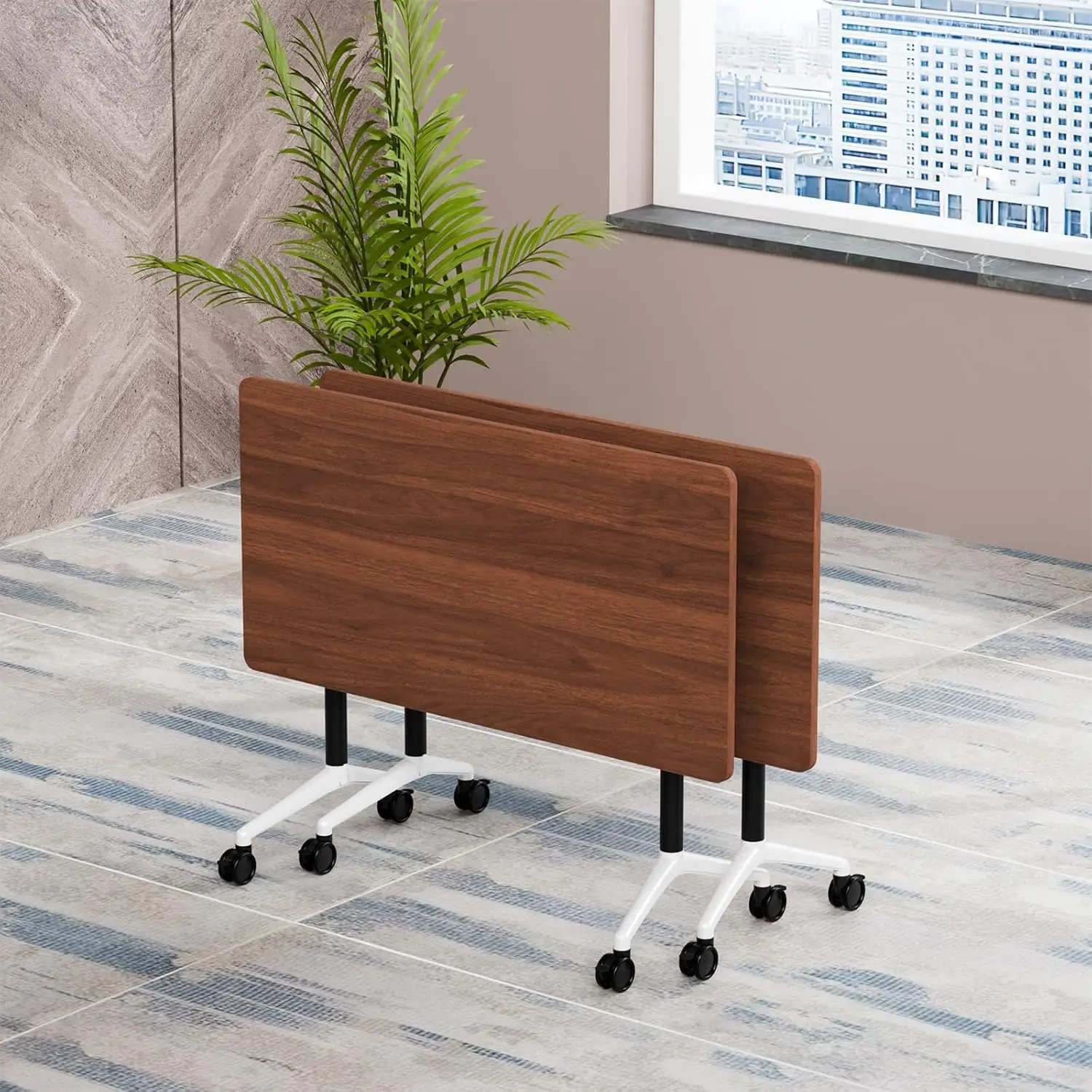 

Folding Modular Rolling Conference Table Locking Wheels Office Seminar 61in Walnut Customized