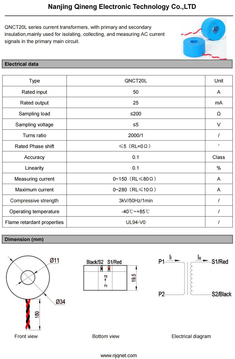 Hochpräziser Stromwandler QNCT20L 50A 25mA 100A 50mA 1:2000 20A 10mA 40A 20mA AC Toroidaler CT Stromsensor – Detail 2