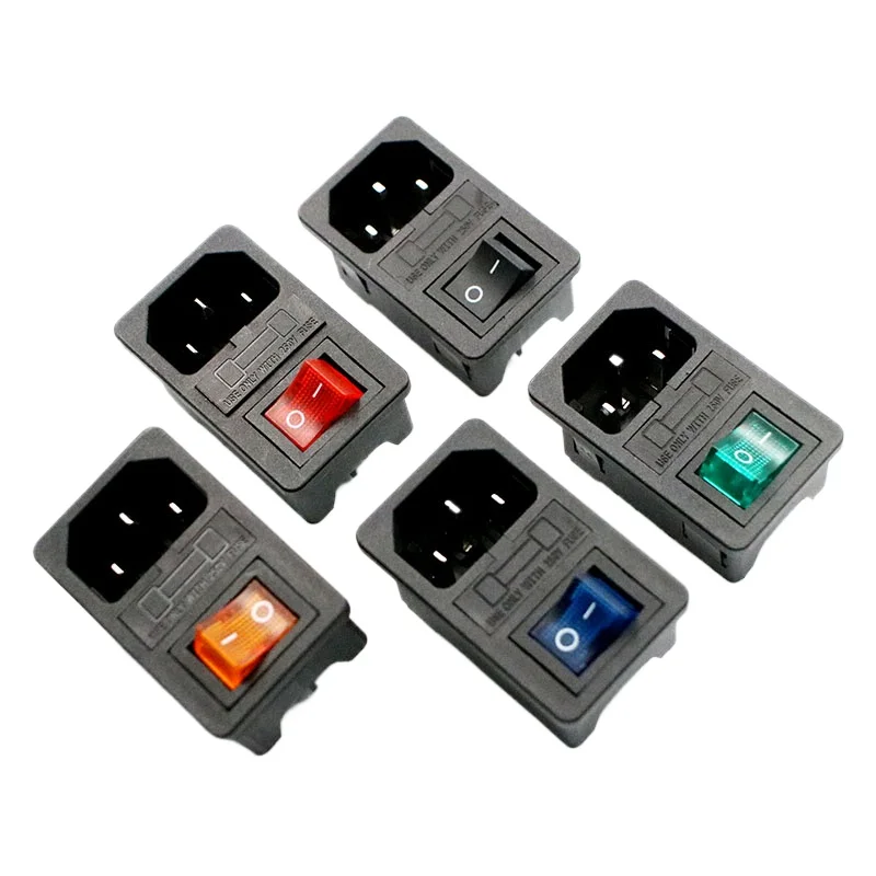 10pcs Red Rocker Switch Fused IEC320 C14 Inlet Power Socket with10A Fuse 3 pin Switch Connector Plug Connector Red Green Blue