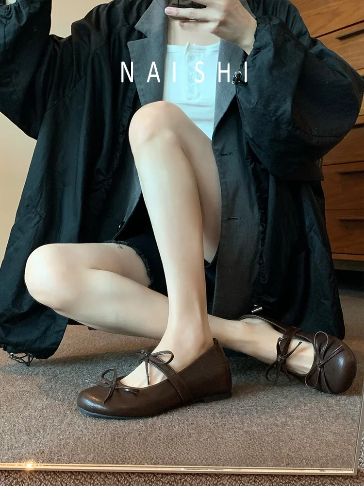 retro-round-toe-leather-ballet-flat-shoes-women's-knot-slip-on-brown-mary-janes-flat-heel-fashion-single-shoes