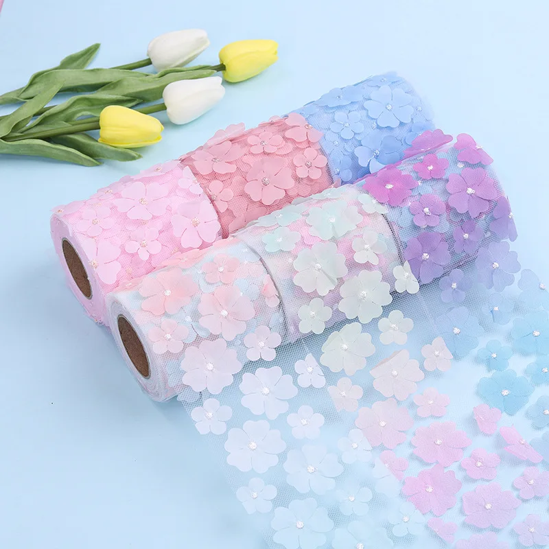 Gradient Color 3D Flower Organza Ribbon, DIY Craft, Embrulho de presentes, bowknot, materiais de costura, 10 jardas, 60mm, 80mm, 100mm, 120mm