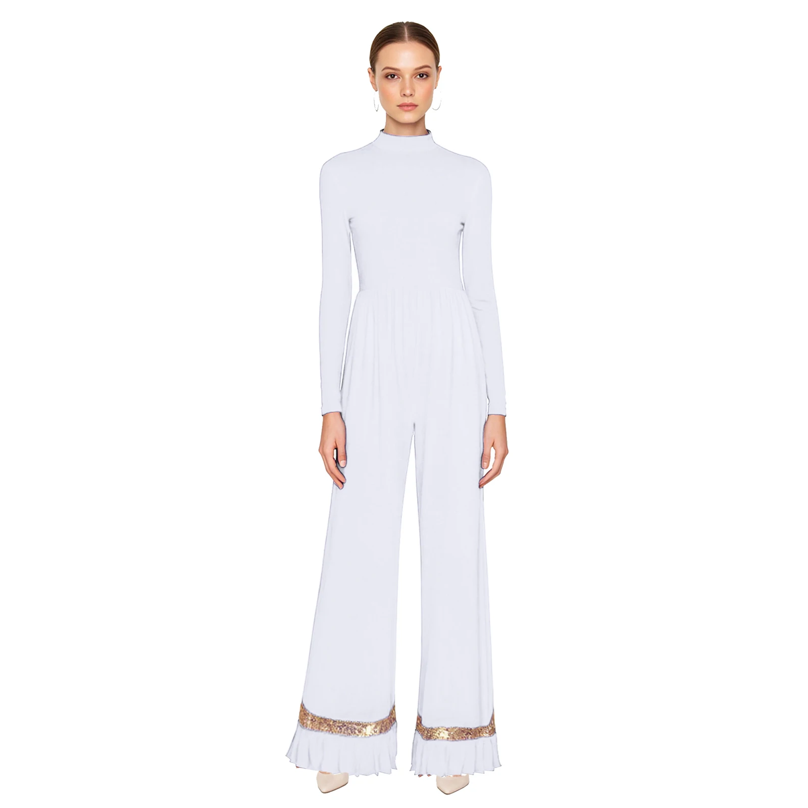 

Women Worship Praise Church Rompers Long Sleeve Shiny Sequin Ruffled Mesh Wide Leg Pants One-piece Jumpsuit for Lyrical Dance