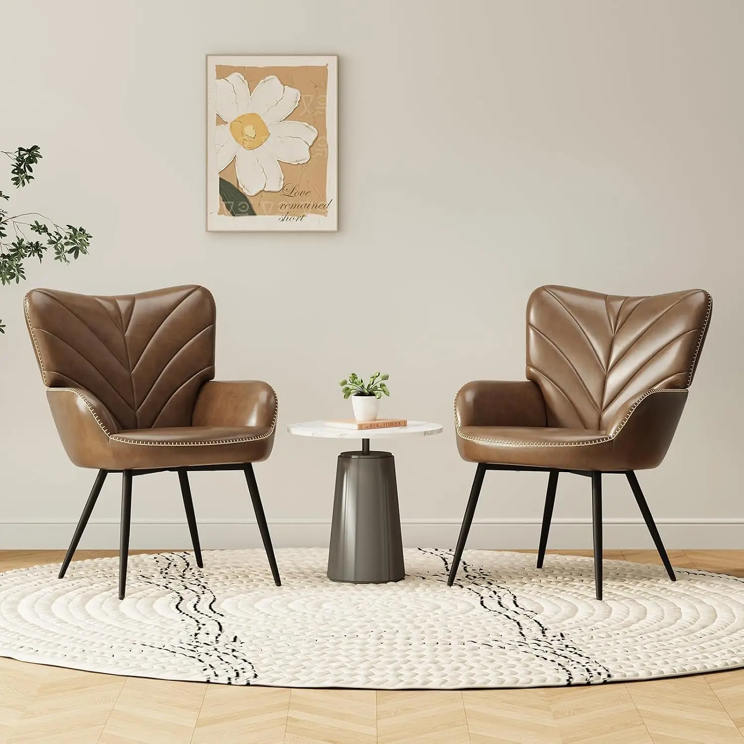 Mid-Century Faux Leather Accent Chair, Upholstered Armchair Curved Back High-Density Cushion & Metal Legs, Customized