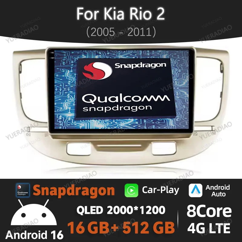 Radio para Auto Android 16 para Kia RIO 2 RIO2 2005 - 2011, Carplay Inalámbrico, Auto DSP, GPS, Estéreo, Reproductor de Video BT, Qualcomm 5G WIFI, 4G LTE