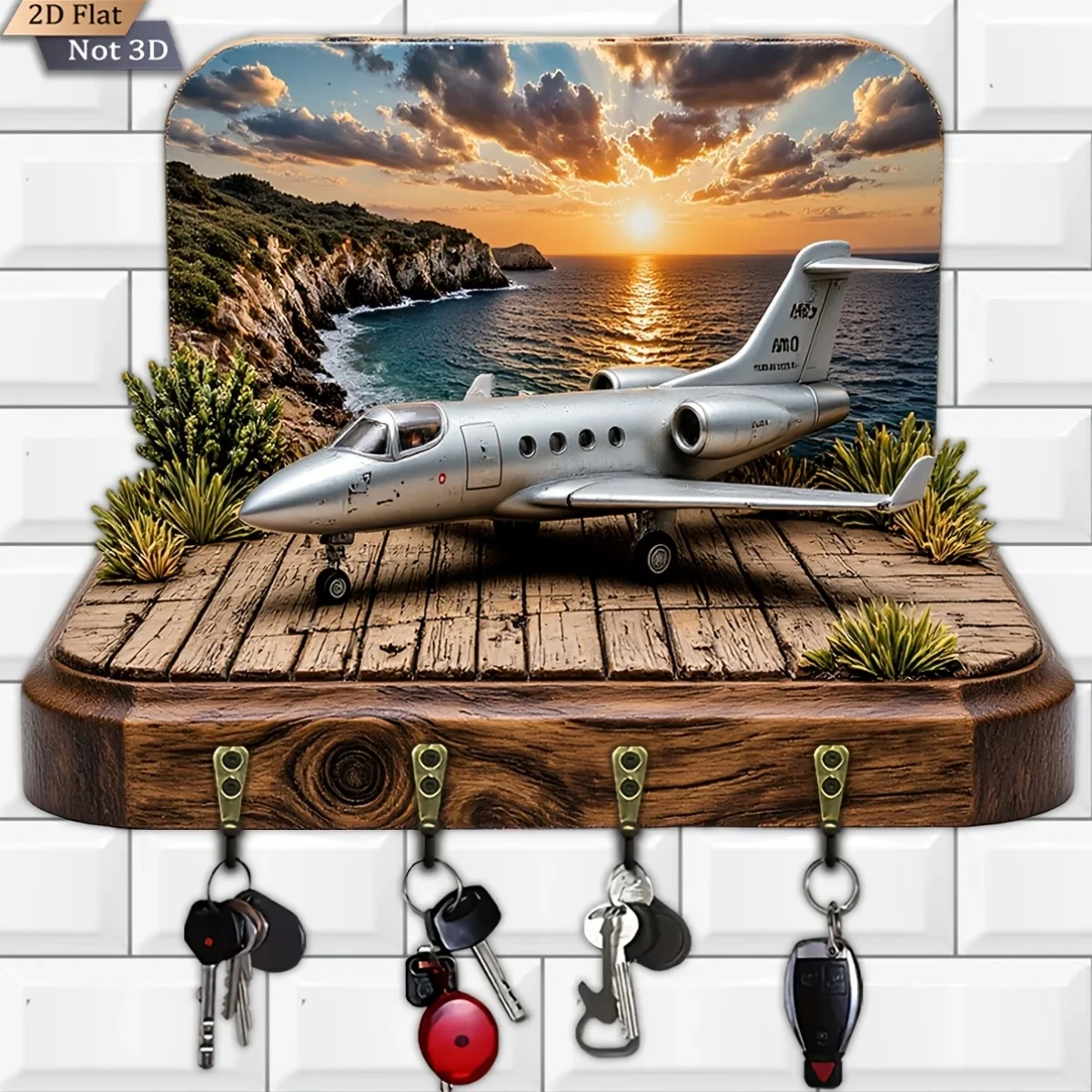 2D Flat, 1pc, Airplane Coast Sunset Theme Key Hook, Wooden Multifunctional Home Key Holder with Four Metal Hooks, Wall