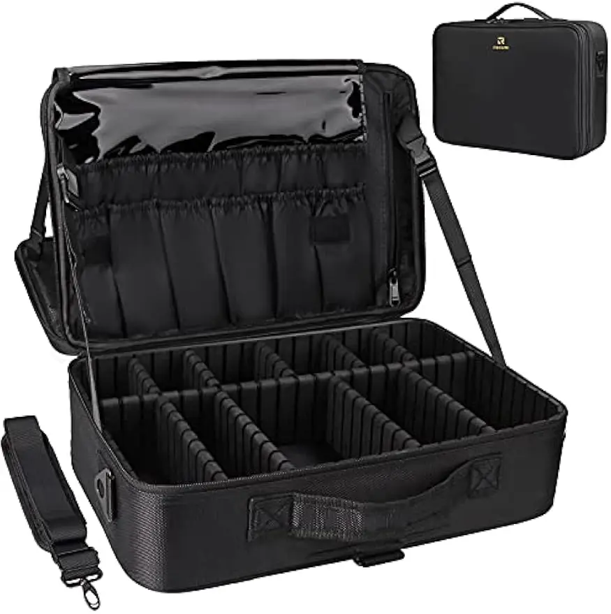 Large Professional Makeup Case with Adjustable Strap, 3 Layers Waterproof Cosmetic Organizer for Travel and Storage