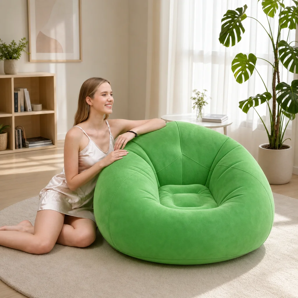 Inflatable Flocked Bean Bag Chair, Portable Air Sofa Lounge Seat for Bedroom Living Room Dorm Reading Gaming Relaxation - view 5