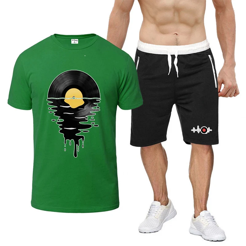 

Music Lover Men New Nine-color Short-sleeved Set 2025 DJ Phonograph Record Print Summer T-shirt+ Sports Pants Suit