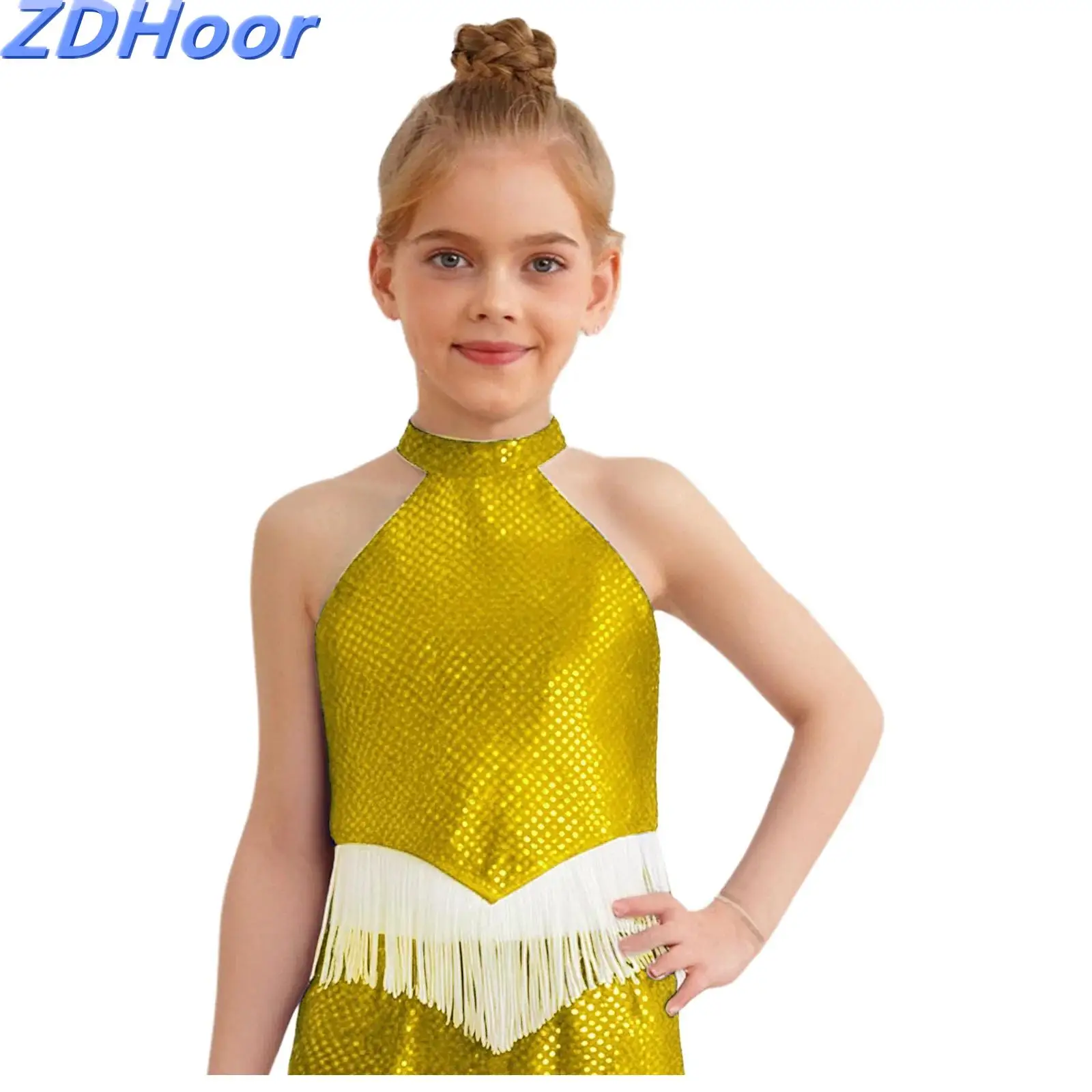 

Kids Girls Sequins Jazz Tops Sparkling Sequins Halter Sleeveless Backless Irregular Tassels Hem Sparkling Sequins Crop Tops