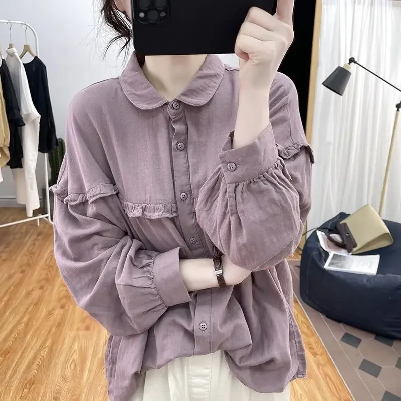 Shirts Women Vintage Lapel M-3XL Office Lady Ulzzang Sweet Designed BF Chic Literary New Lantern Sleeve Harajuku Camisas Popular