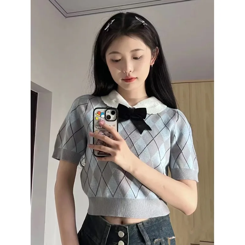 Americano retro ort sve malha gelo seda camiseta feminina verão design único tamanho pequeno bolha sve topo