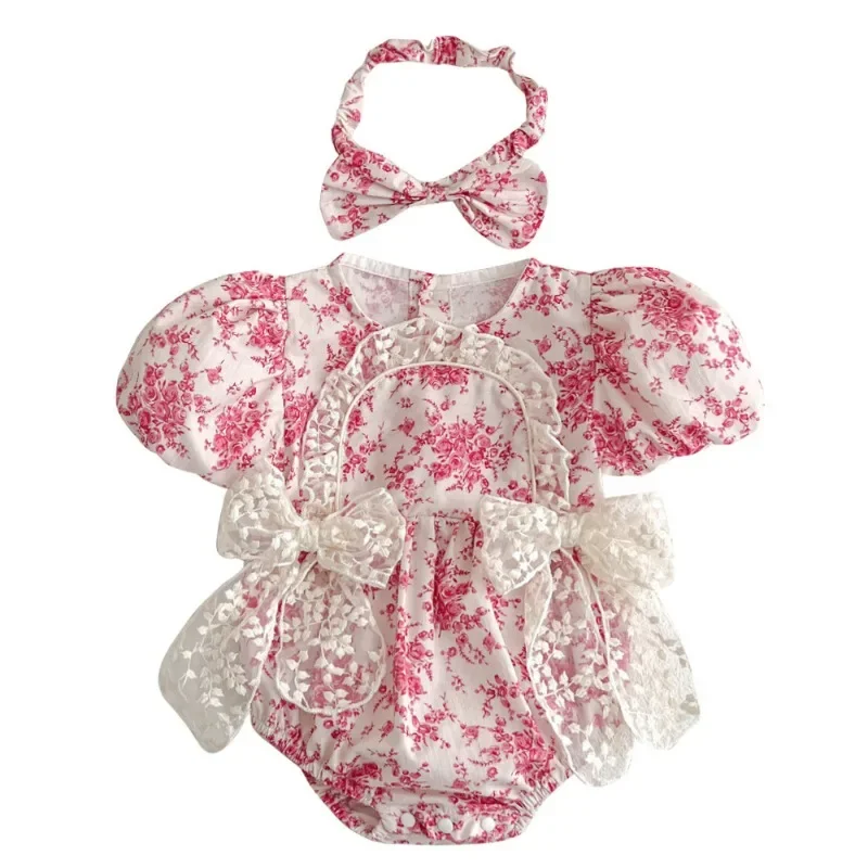 New Summer Family Matching Outfits Baby Girl One-piece Short Sleeved Lace Bow Bodysuit/Floral Dress Sisters Twins Clothing H4413