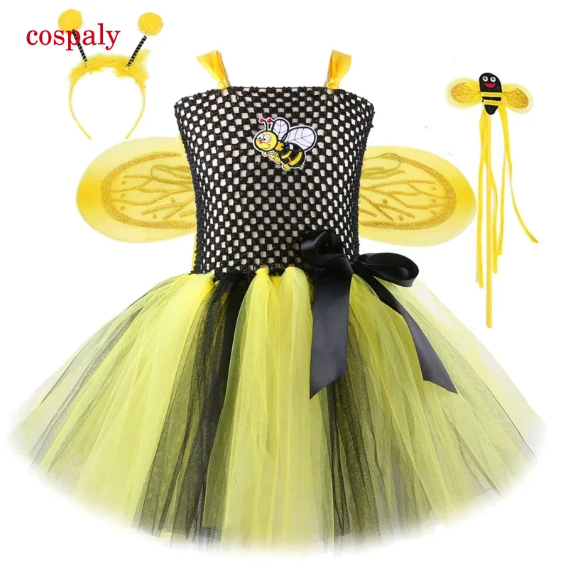 Bumble Bee Tutu Dress For Baby Girls Birthday Outfit Halloween Costume For Kids Honeybee Cosplay Dresses With Wing Headband Set