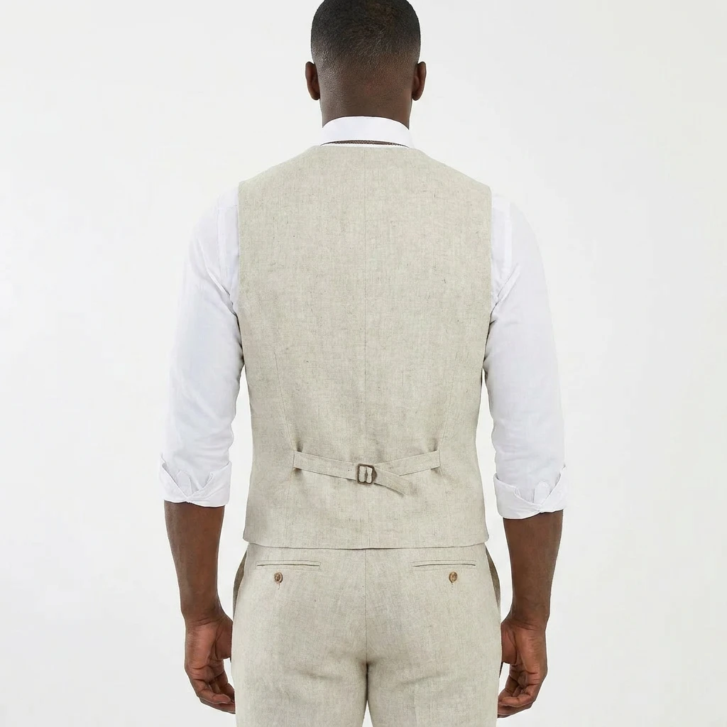 Beige Leinen-Herrenweste für Hochzeitsfeier, 1 Stück, Sommer-Strand-Herrenweste mit V-Ausschnitt, modischer Mantel, Neu eingetroffen – Detail 4