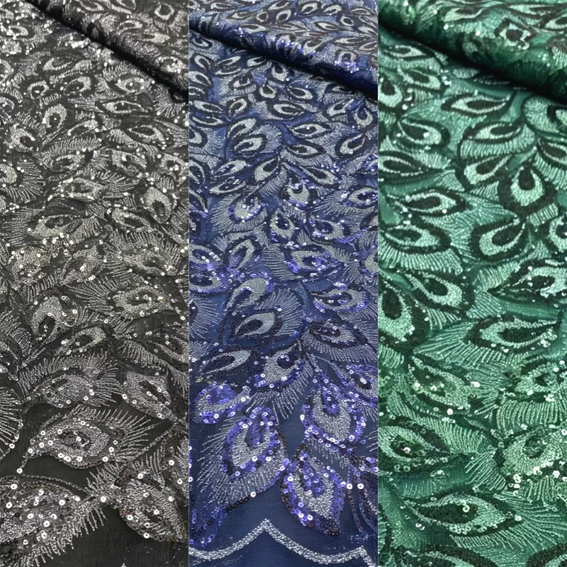 

Navy Blue Peacock Feather Sequin Mesh Lace Fabric Luxury Embroidered Tulle for Costume Wedding Party Gown DIY Sewing Crafts