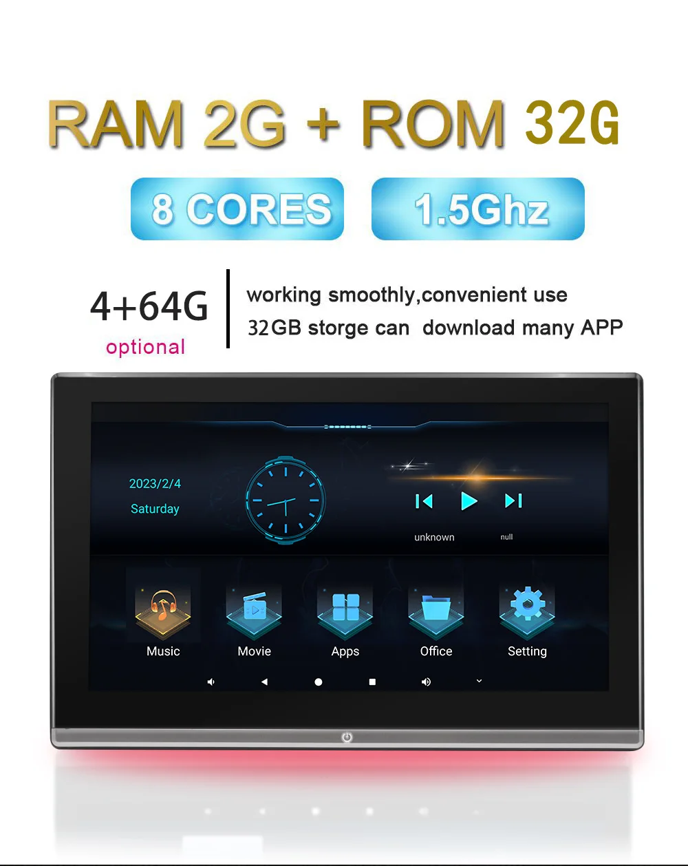 شاشة 13.3 بوصة تلفزيون ذكي للمقعد الخلفي مشغل ترفيه HD IPS أندرويد 12 2 + 32 جيجابايت مسند رأس للسيارة تلفزيون الوسائط المتعددة للسيارات