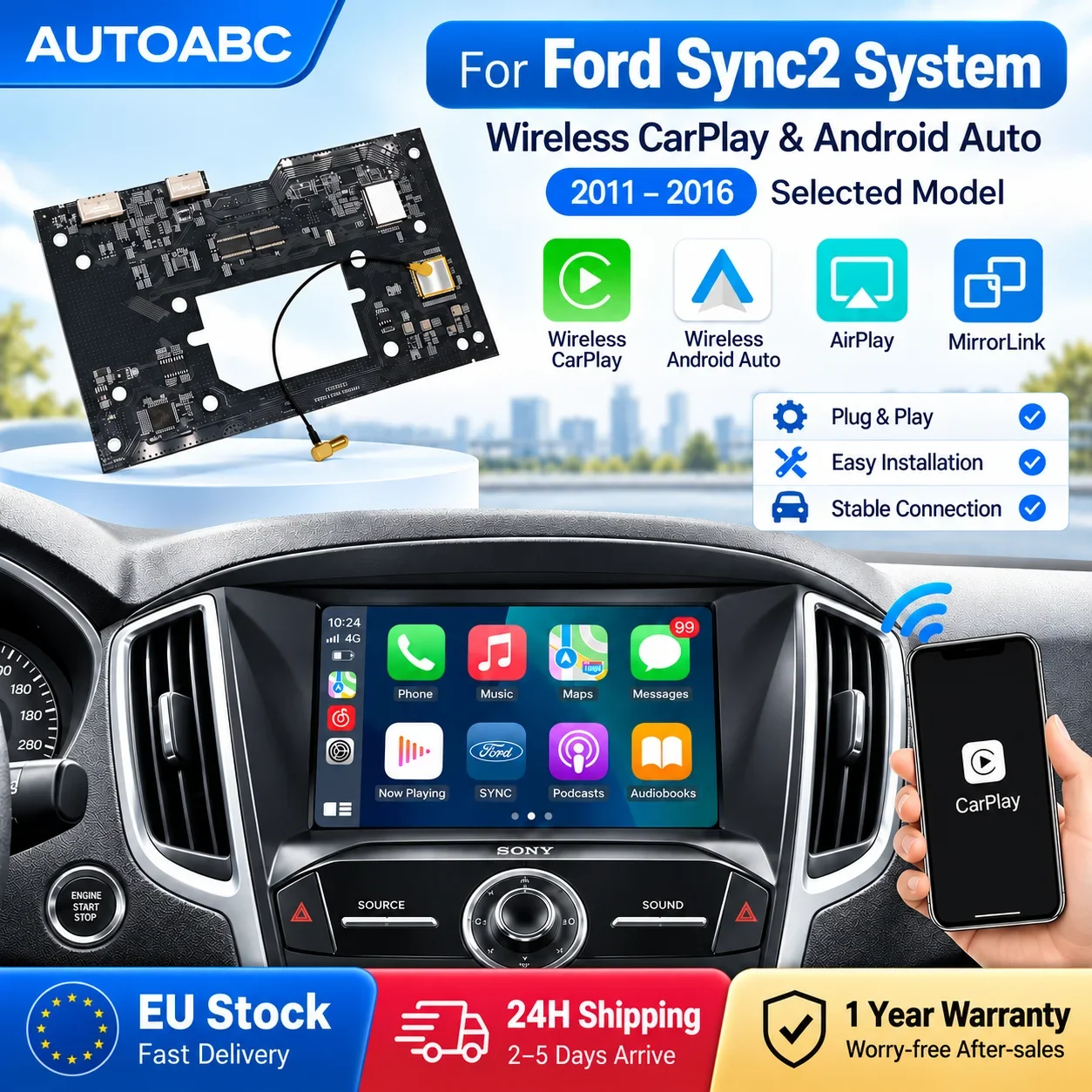 Für Ford Sync2-System, kabelloses CarPlay und Android Auto, passend für Explorer, Focus, Fiesta, C-Max, Edge, F-150, Fusion, Taurus – Decoder-Box.
