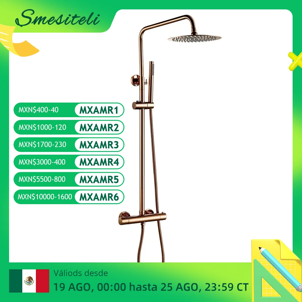 Juegos de ducha termostática de oro rosa, montaje en pared, mezcla de baño de latón, sistema de termostato de grifo de ducha de lluvia