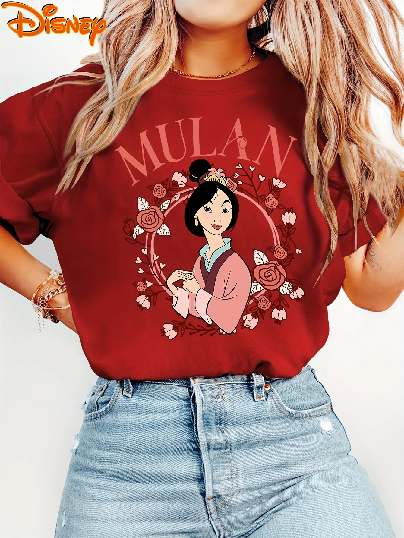 بلوزة ديزني النسائية بأكمام قصيرة، أنيقة بطباعة حروف مولان ورقبة دائرية للرجال والنساء بقاعدة قطنية لجميع المواسم #5