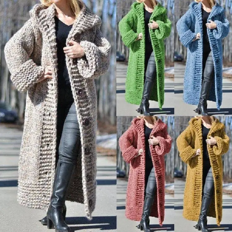 

Thiened Hooded Cardigan Women's Knitted Sle Briti Sle Loose Fit Splicing Pure Color Autumn Season Faion Ladies Sweater