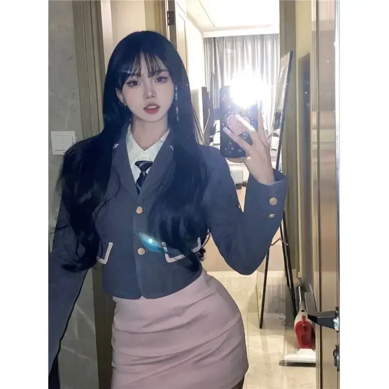 Traje de uniforme escolar japonés coreano para mujer, chaqueta, camisa blanca, falda Sexy a la cadera, estilo universitario para niña, traje JK de tres piezas