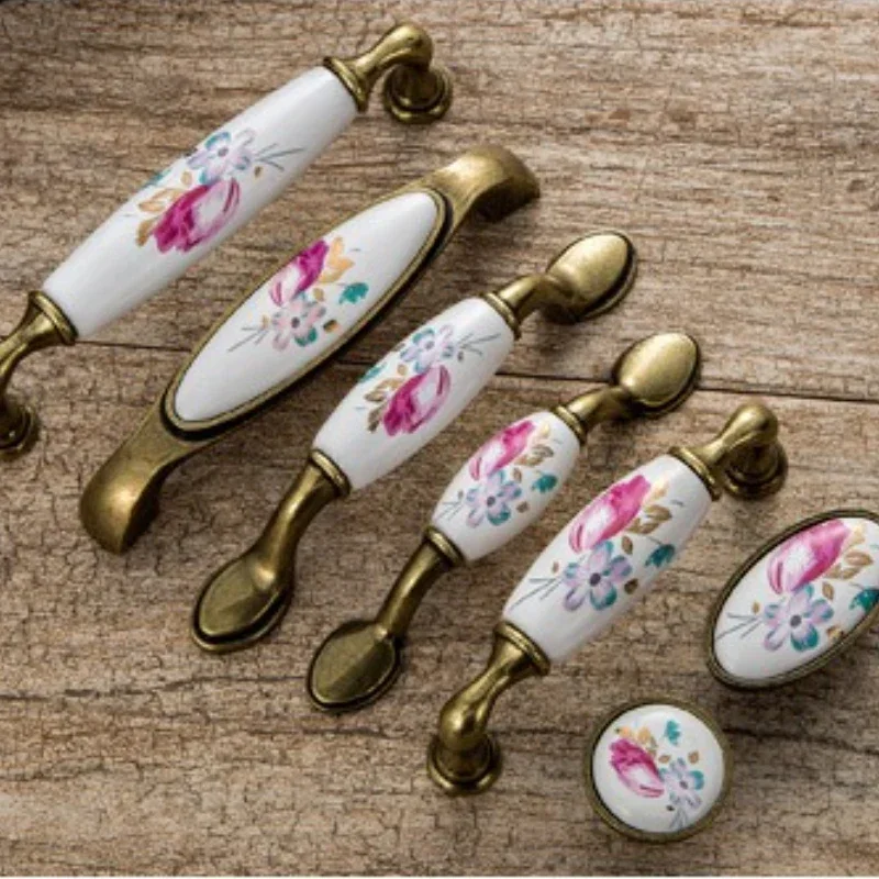 Furniture Hardware Vintage Flower Cabinet Kitchen Cabinet Handles and Knob Gold Drawer Handle Orchid Ceramic Door Knob