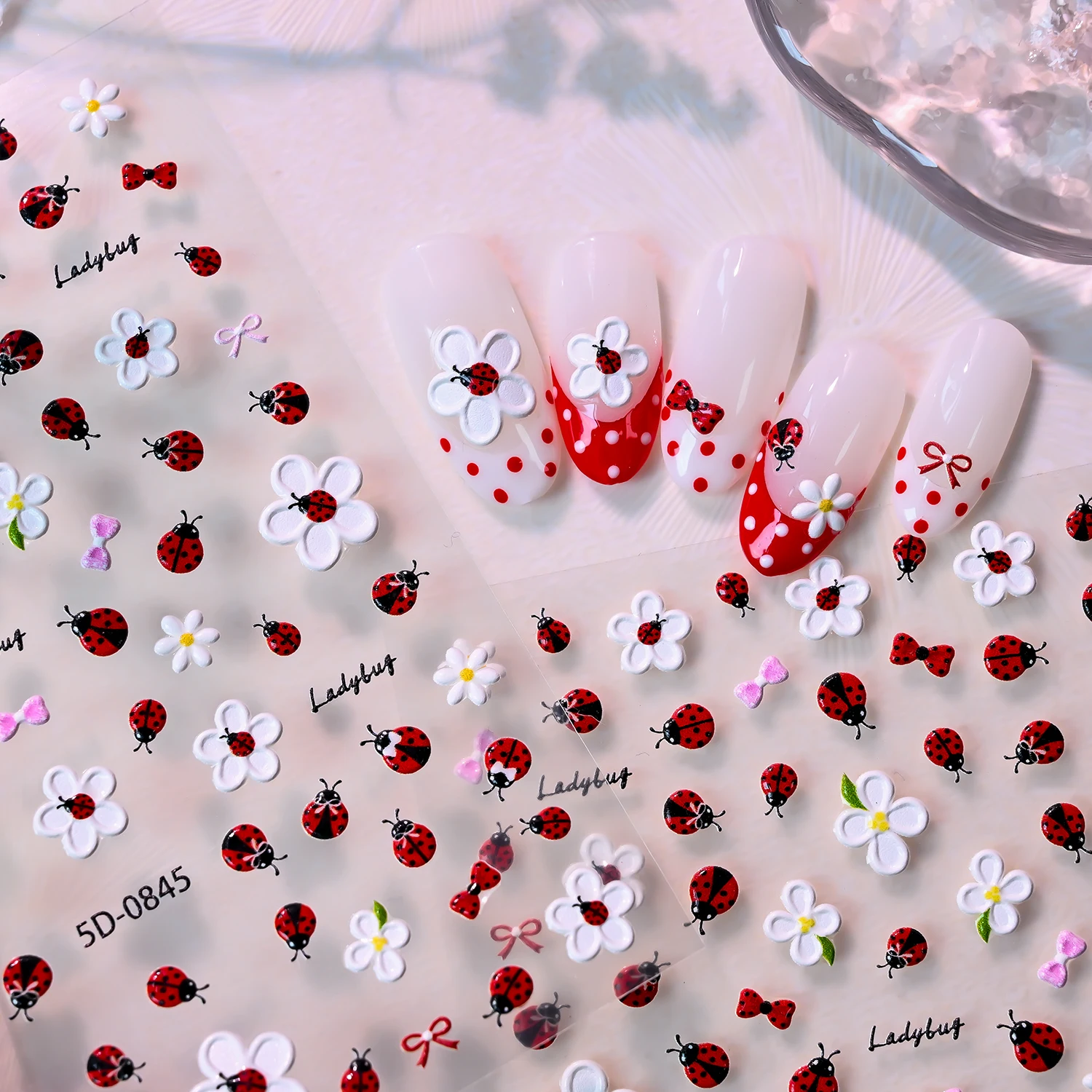 1Pc 5D Embossed Red Ladybug Daisy Nail Sticker Kawaii Insect Floral Self-adhesive Decals DIY Flower Sliders Manicure Decoration