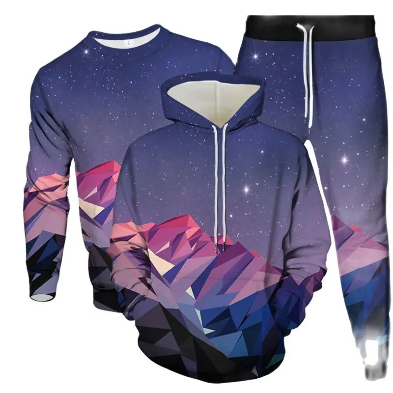 Male Large Size 6XL Tracksuit Hoodies Sweatshirt Pants 3Pcs Set Night Galaxy Mountain Tree Bird Lightning Print Men Clothes Suit