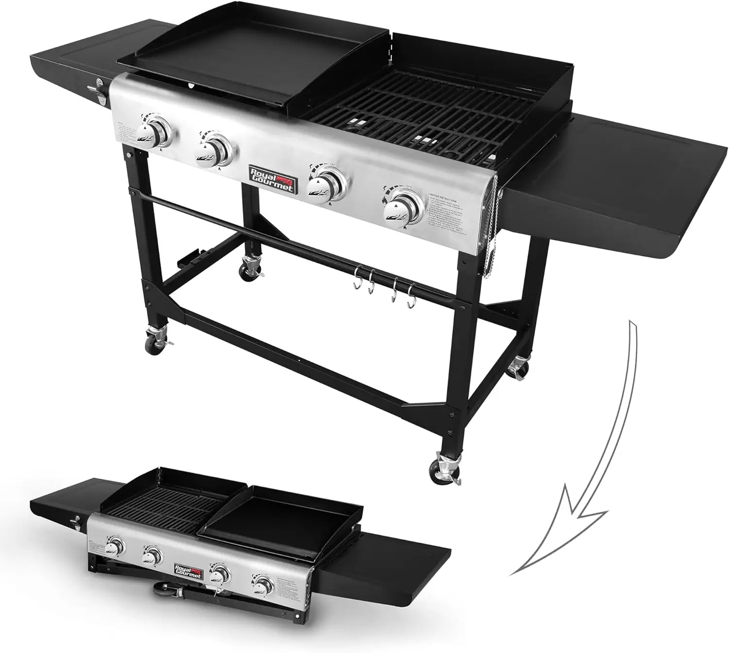 GD401 Portable Gas propana Grill dan wajan Kombo dengan sisi meja | 4-Burner, kaki lipat, serbaguna