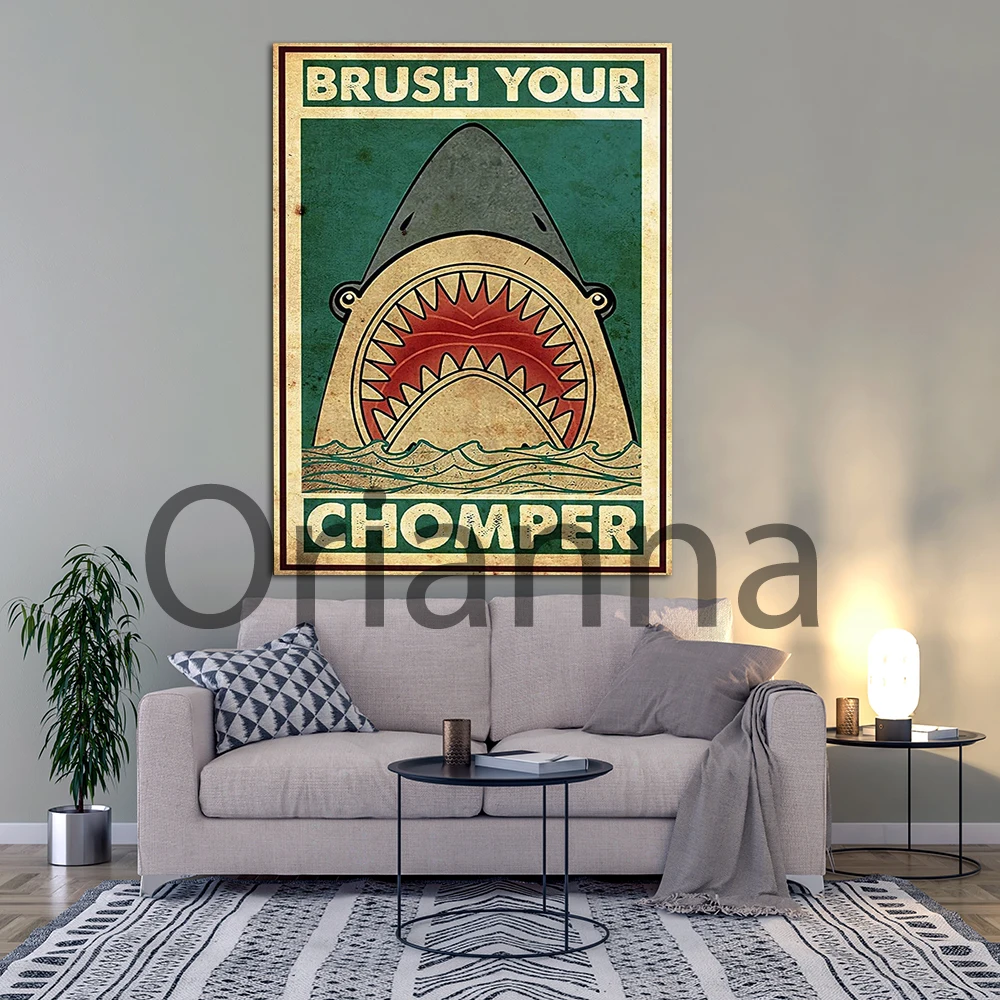 Hd Prints Pictures Wall Art Shark Brush Your Chomper Canvas Painting Funny Vintage Home Decor Living Room Office Modular Poster