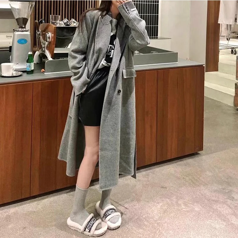 

Elegant Double-Sided Woolen Coat Women's Mid-Length Korean Style Knee-Covering Faux Fur Coat Commute Style Button Closure