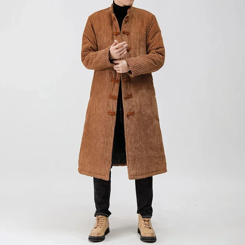 High Quality Hanfu Chinese Style Tang Suit Linen Thick Cotton Coat Winter Chinos Clothes Men Long Black Navy China Jacket Tops