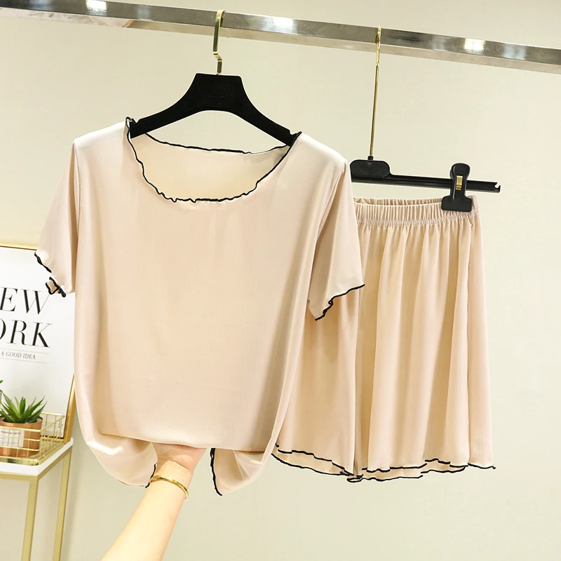 

Women's Ice Silk Sleepwear Summer New Loose Home Clothes Short Sleeve Set Large Size Comfortable Korean Style Outdoor Wear